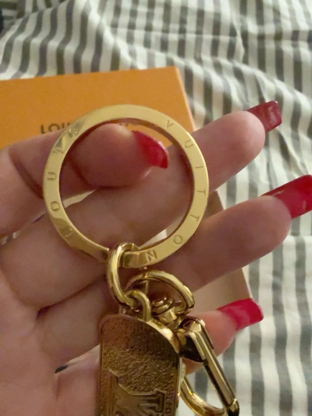 Louis Vuitton Gold Textured Leather Logo & Charm/Key Holder